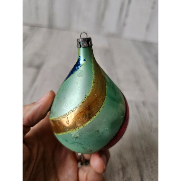 Antique striped green Mercury teardrop ornament glass Xmas tree blue red gold - Picture 5 of 10